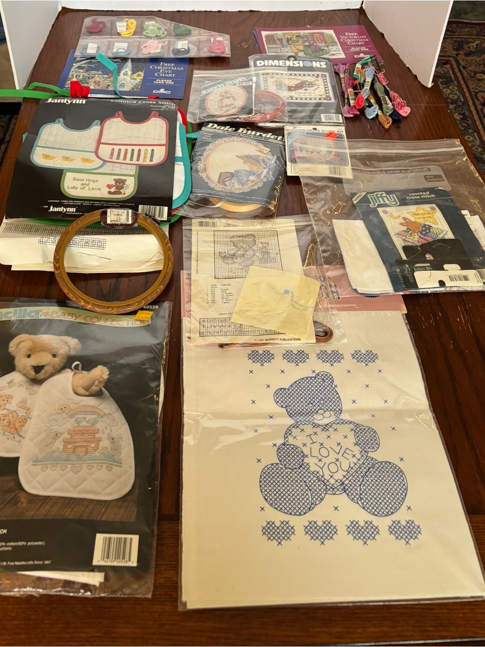 Cross Stitch & Embroidery Lot with Blue Teddy Design multiple colors of thread.